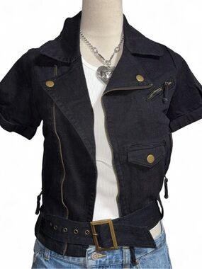 Black Short-Sleeve Jean Jacket with Belt